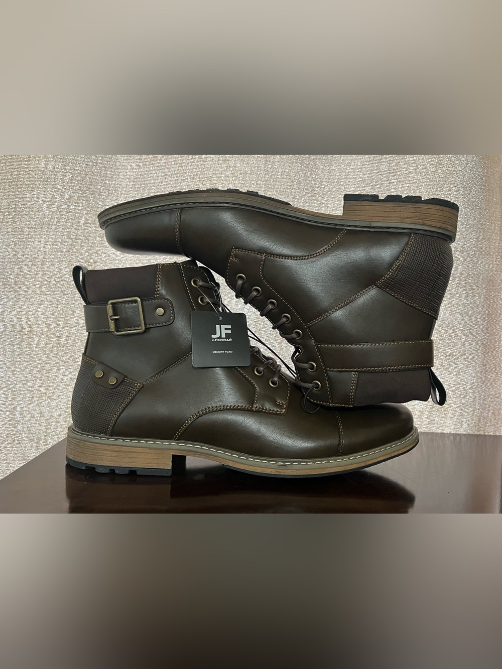 Men’s JF J.Ferrar Brown Lace Up Moto Combat Boots Buckle Memory Foam NEW